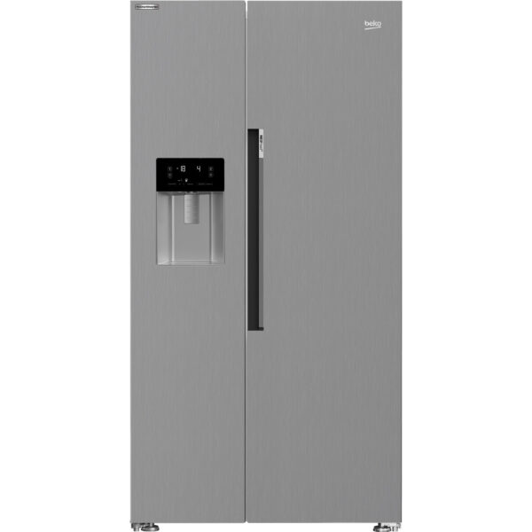 Side by side Beko GN162341XBN, 571 l, NeoFrost Dual Cooling, Dozator apa/gheata, Raft sticle, Touch control, HarvestFresh, Compresor Inverter, Clasa E, H 179 cm, Argintiu