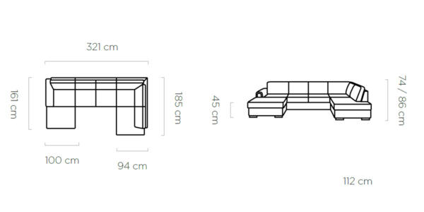 Coltar living extensibil Logan XL pe stanga – L321 x l185 x h86 cm