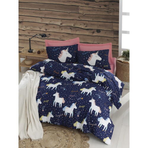 Lenjerie de pat cu cearșaf pentru pat dublu Eponj Home Magic Unicorn Dark Blue