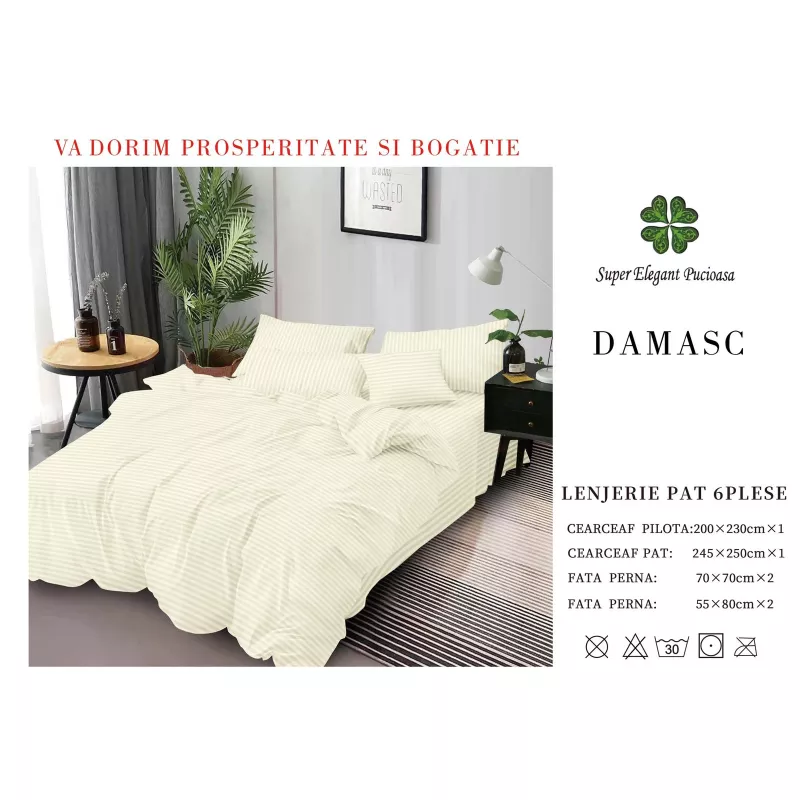 Lenjerie de pat dublu Bumbac Damasc 4 Piese