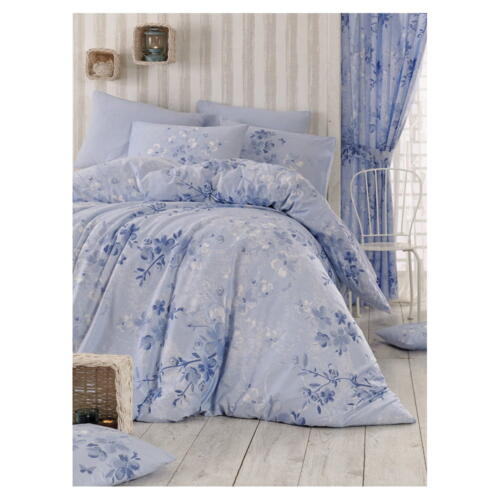 Lenjerie de pat dublu albastru deschis din bumbac extinsă cu cearșaf și cuvertură 220x240 cm Elena – Mijolnir