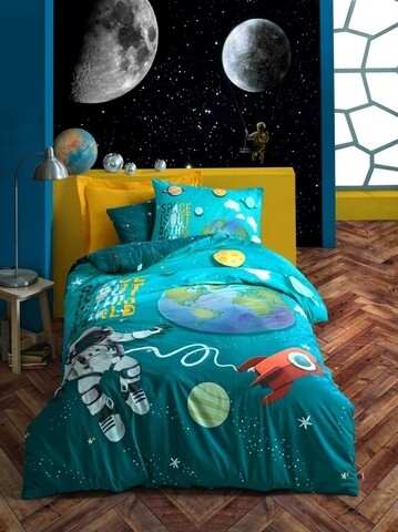 Lenjerie de pat pentru o persoana Little Astronaut - Turquoise