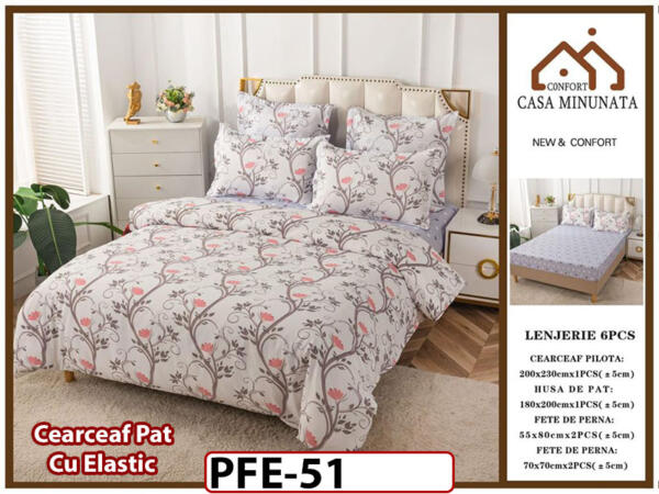 Lenjerie din finet 6 piese si cearceaf cu Elastic - PFE51