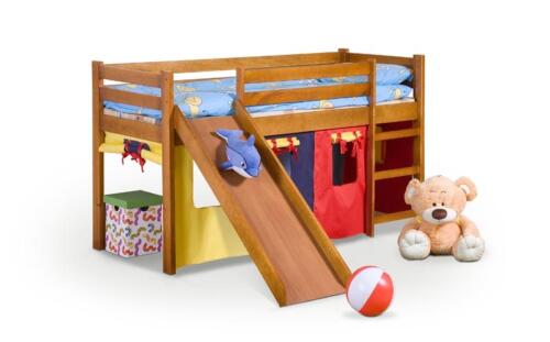 Pat etajat din lemn de pin cu tobogan pentru copii