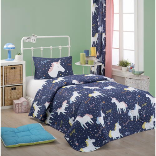 Set cuvertură pentru pat și față de pernă Eponj Home Magic Unicorn Dark Blue
